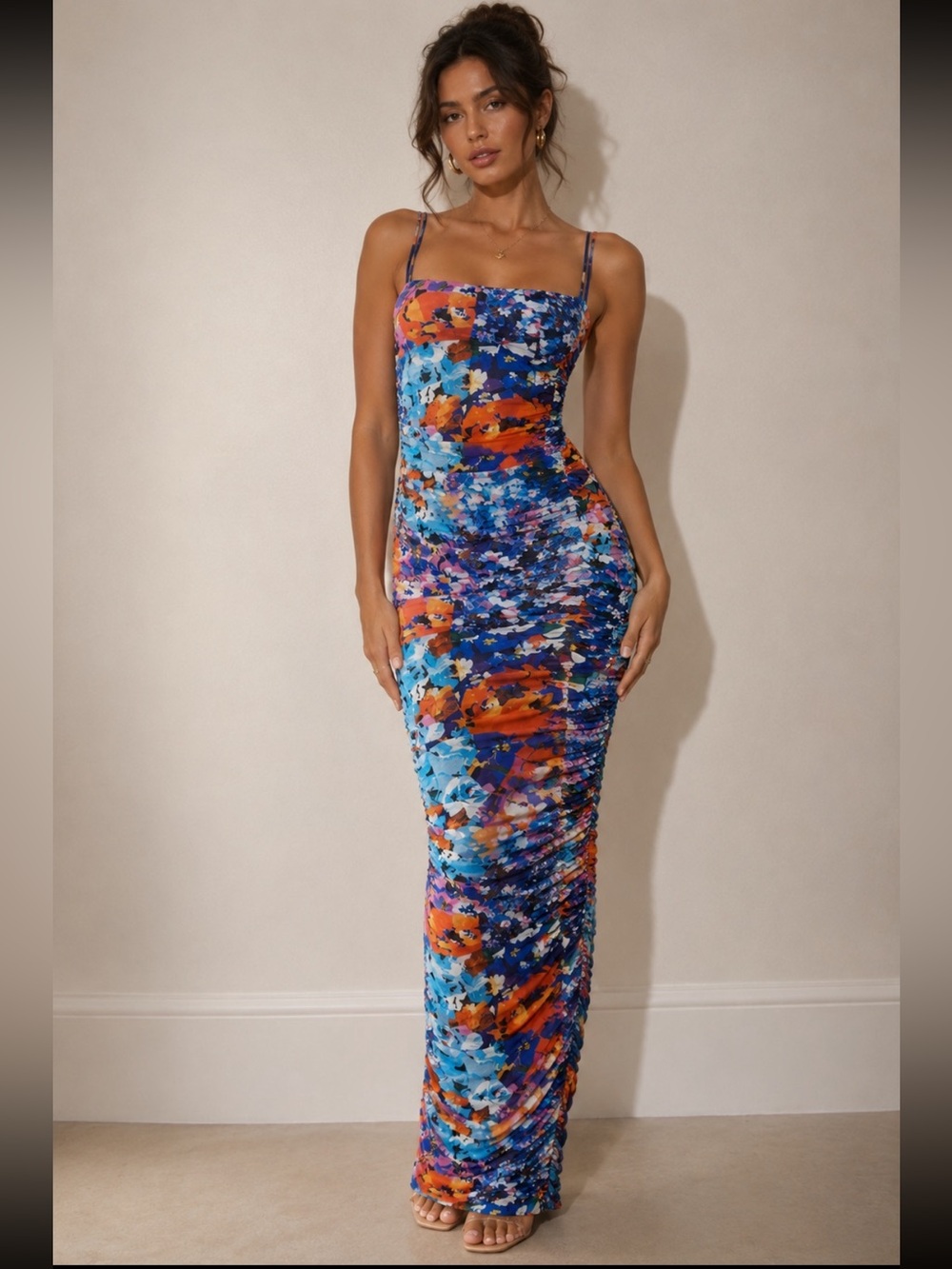 AFRM
Floral Ruched Maxi Dress in Blue & Orange